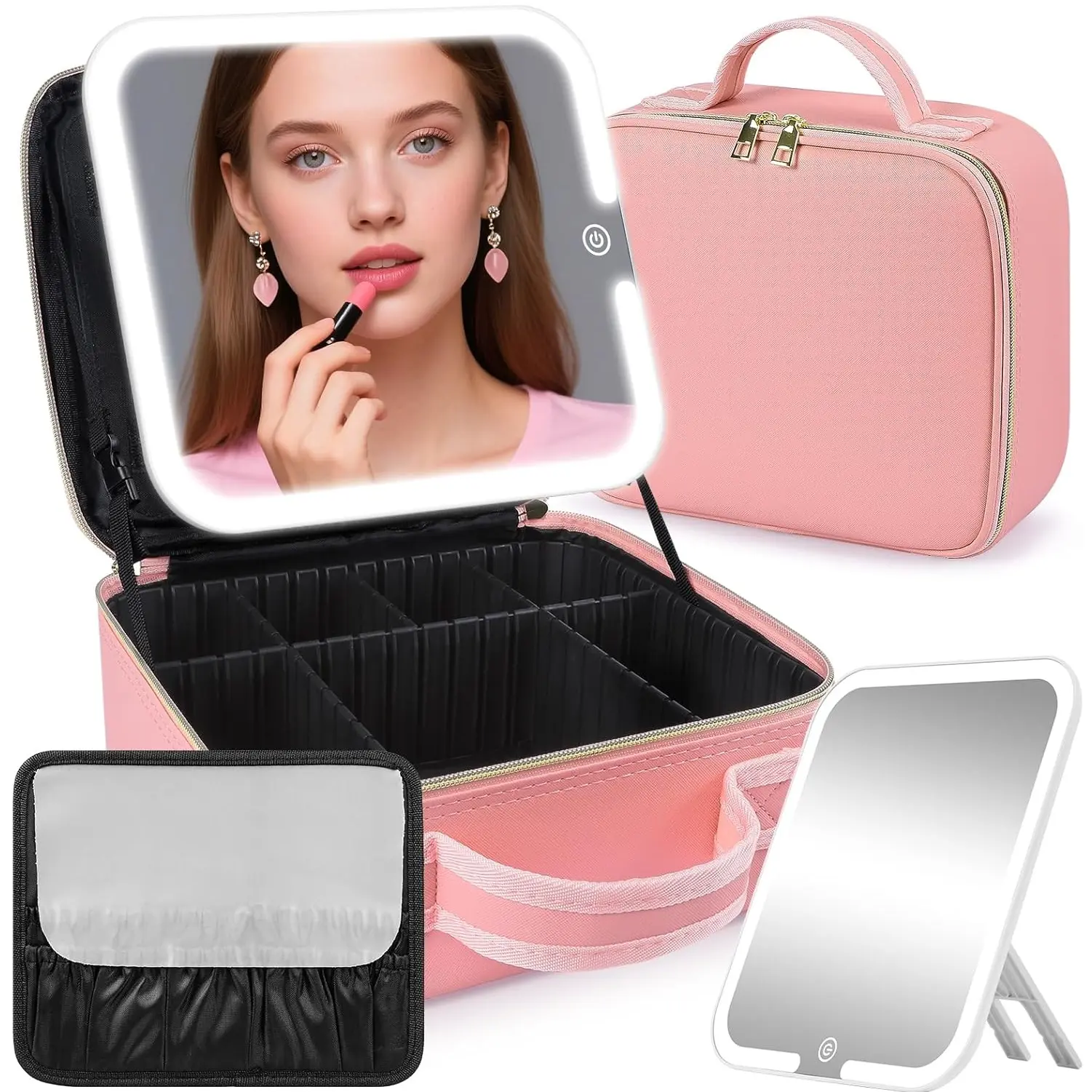 Pink LED Mirror Makeup Case, Waterproof Travel Cosmetic Bag with Brush Compartment, Portable Large Capacity Makeup Storage Organizer for Women, Perfect for Suitcase, Cosmetics Organizer, Makeup Bags