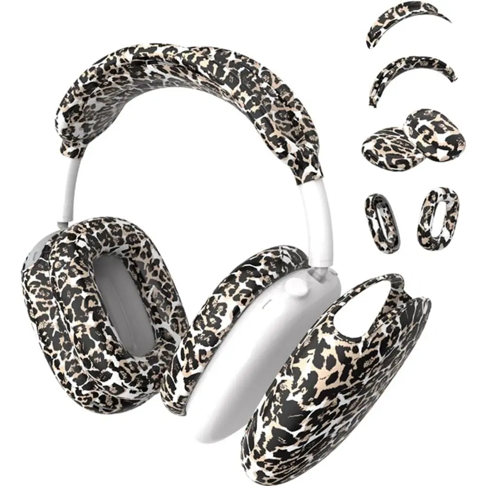 4 in 1 Case Cover Compatible with Apple Airpods Max Headphones(2024/2020), Printed Ear Pad Case Cover Ear Cups Cover and Headband Cover Headband Pad Accessories (Leopard)
