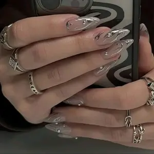 Long Almond Silver Flame Design Press On Nails  24CT