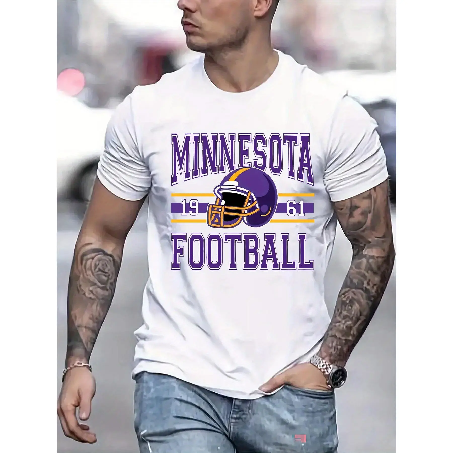 Men's Minnesota Football Graphic T-Shirt - Purple & Golden Team Spirit Design with Number 5, Lightweight Breathable Round Neck Casual Summer Tee for Fans, Sports Events & Casual Attire, Regular Fit Short Sleeve with Minnesota Football Print, Machine Washa