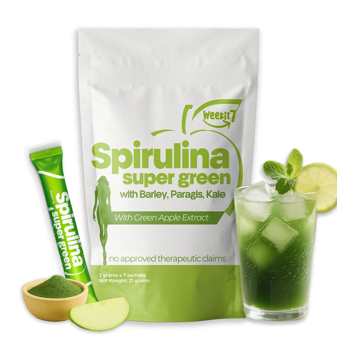 WeeKit7 Spirulina Super Greens Powder -Gut Cleanse Detox & Digestion Supplement, Organic Fibre, Prebiotics spirulina Edible Dietary chlorella Natural Supplement with Vitamins Immunity Boost Healthcare Fitness Vegan