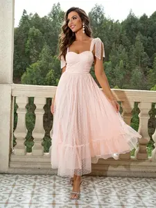 Women's Polka Dot Print Ruffle Hem Tie Shoulder Mesh Vintage Formal Dress, Party Dress, Elegant Chic Comfortable Fit Dress for Homecoming Birthday Party Prom Wedding Guest, Capri Sun Dress, Ball Gown Dress