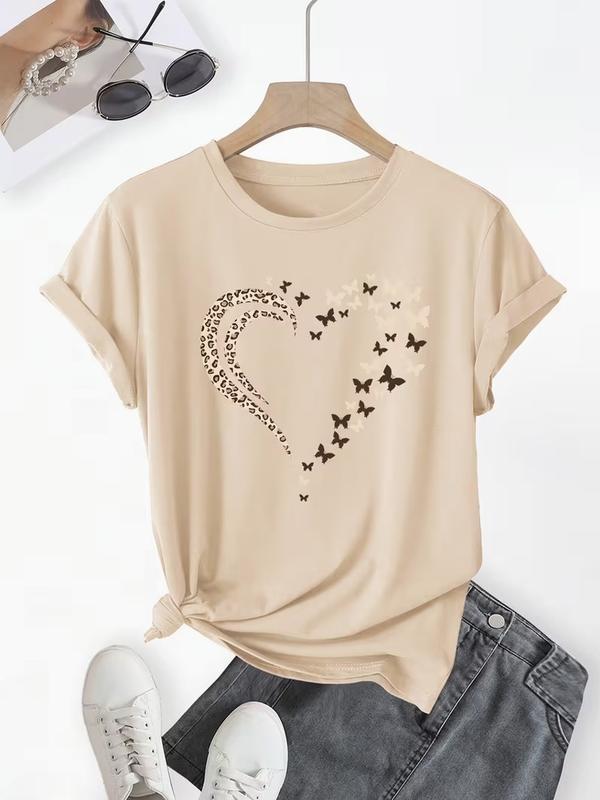 Women’s Cotton Hollow Heart Leopard-Butterfly Print T-Shirt - Oversized Casual Comfortable Fabric Fit Tee, Spring-Autumn Soft Basic Cute Animal Graphic Top
