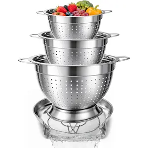 Strainers and Colanders for Kitchen, 3- Stainless Steel Set Pasta and Rice Strainer with Handles, Raised Draining Base for Easy Counter Use (7", 9", 11")
