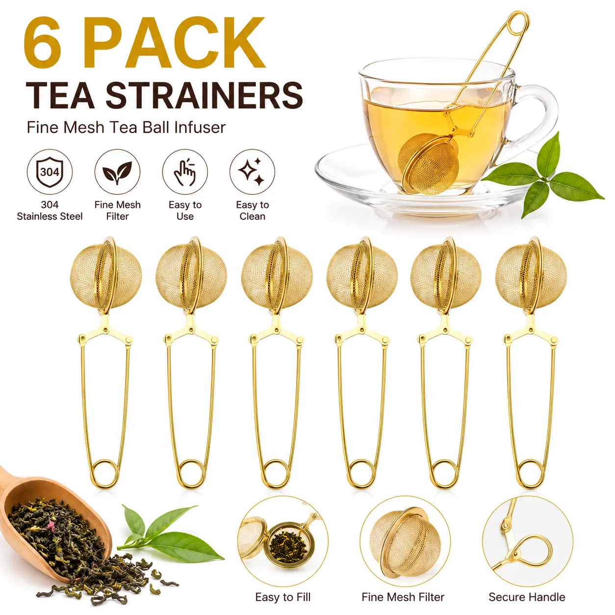 6Pack Tea Strainers for Loose Tea, Stainless Steel Tea Infuser with Handle Fine Mesh Tea Ball Filter Tea Diffusers Steeper for Loose Leaf Tea, Spices, Seasonings (Golden) - Tools Hardware., Metal Tea Infuser, Tea Making Tools