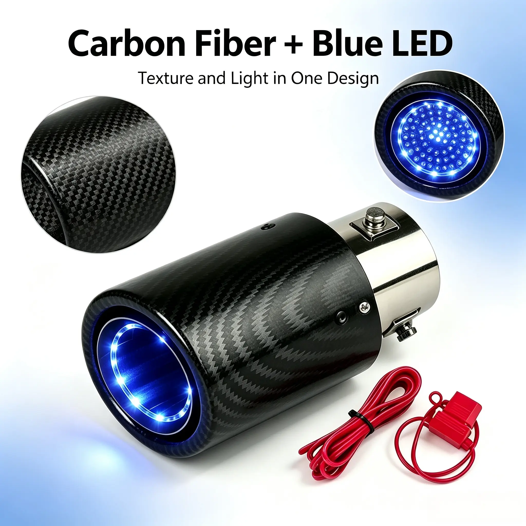 LED Straight Exhaust Tip with Blue Lighting, Carbon Fiber Finish and Red Wiring Harness for Car Exhaust Decorative Upgrade