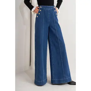 Gold Button Washed Denim Pant