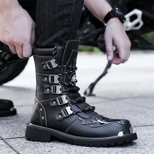 GGOR Shoes for Men Large Size 37-46 for Men, Black High-top Motorcycle Boots, Retro Style with Metal Buckle Decoration, Workwear Functional Features, Suitable for Daily Street Wear, Retro Style Matching, High-top Long Boots, Rider Boots, And Cowboy Boots