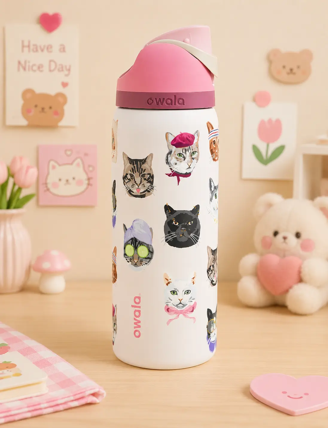 Cute Cat Face Print 32oz FreeSip Water Bottle, Pink Insulated Stainless Steel Travel Tumbler with Straw Lid, Leak Resistant Reusable Bottle for Daily Hydration