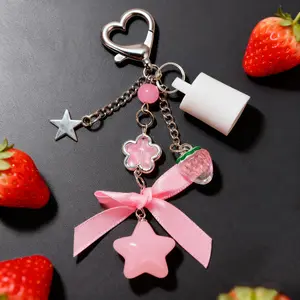 Pink Bow Star Lip Gloss Holder Keychain for Summer Fridays 0.5oz | Leak-Proof Protective Cap Bag Charm with Strawberry & Heart Hook | Cute Gift for Beauty Lovers & Trendy Girls