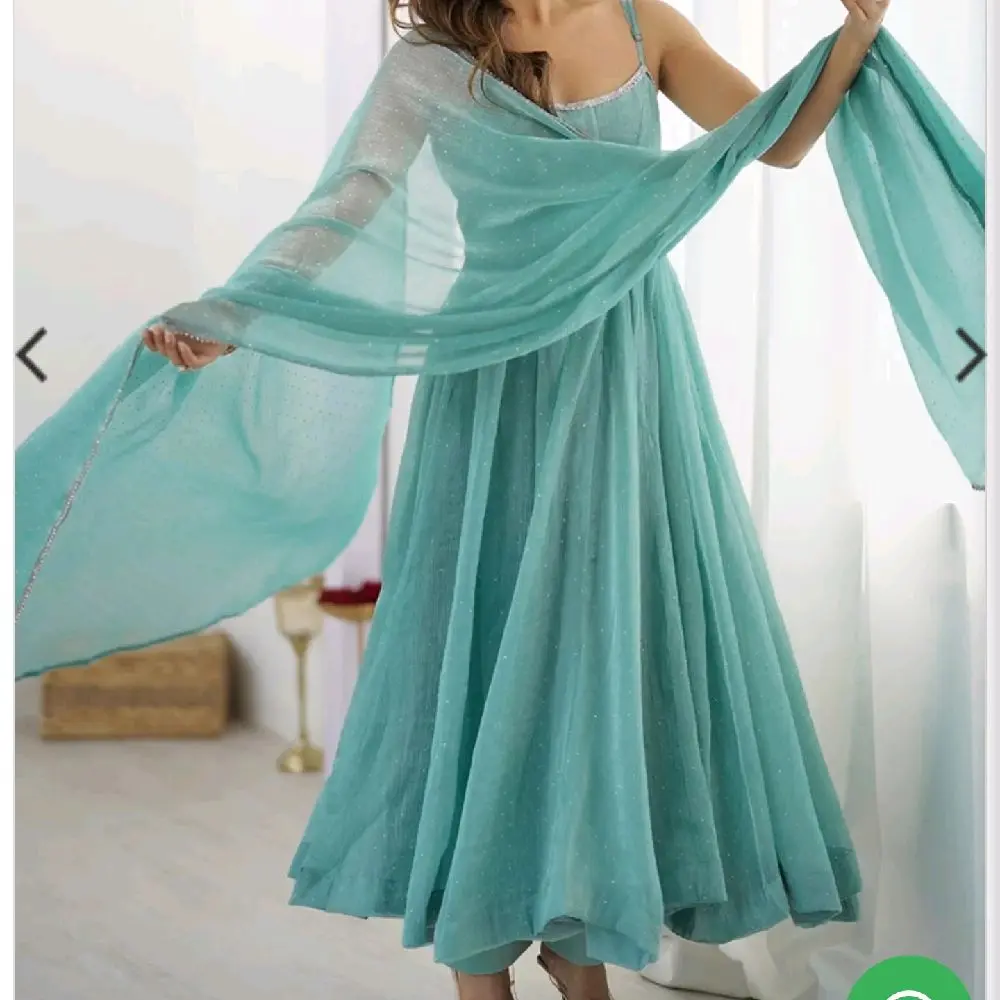 Aqua Blue Solid Silk Blend Anarkali With Dupatta