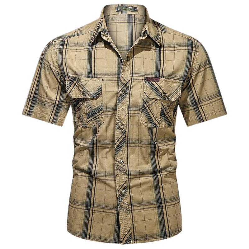 Men’s summer 100% cotton plaid short-sleeve shirt, breathable skin-friendly fabric, turn-down collar + double chest pockets design, suitable for commuting to work and everyday casual wear Men’s summer 100% cotton plaid short-sleeve shirt, breathable skin-friendly fabric, turn-down collar + double chest pockets design, suitable for commuting to work and everyday casual wear