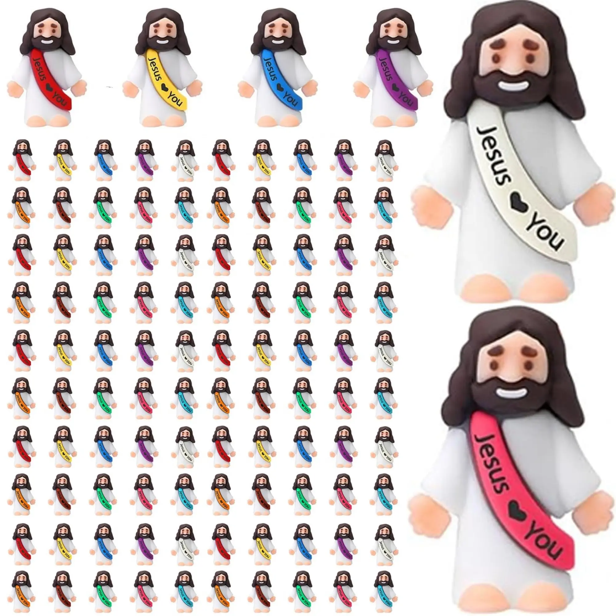 50/100pcs Mini Jesus Statue Set, Assorted Colorful Religious Figurine Ornaments, Random Characters, Fixed Colors Evenly Distributed, Suitable for Home Decor Fillers, Ideal as Toy Gifts for Sunday School, School Baptisms, Halloween