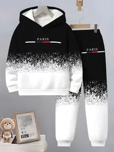 Boys' 3D Patchwork Hooded Sportswear Set, Casual Fitted Sporty Style Tracksuit for Ages 13 and Below, Spring Fall Outdoor Activities, Sporty Style Clothes, Kids Clothing