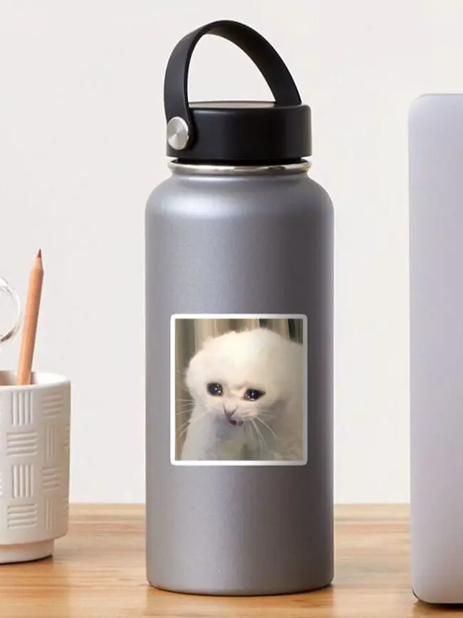 Crying Cat Vinyl Sticker, Funny Sad Cat Meme Decal, Humorous Feline Reaction Sticker, Laptop Water Bottle Decal