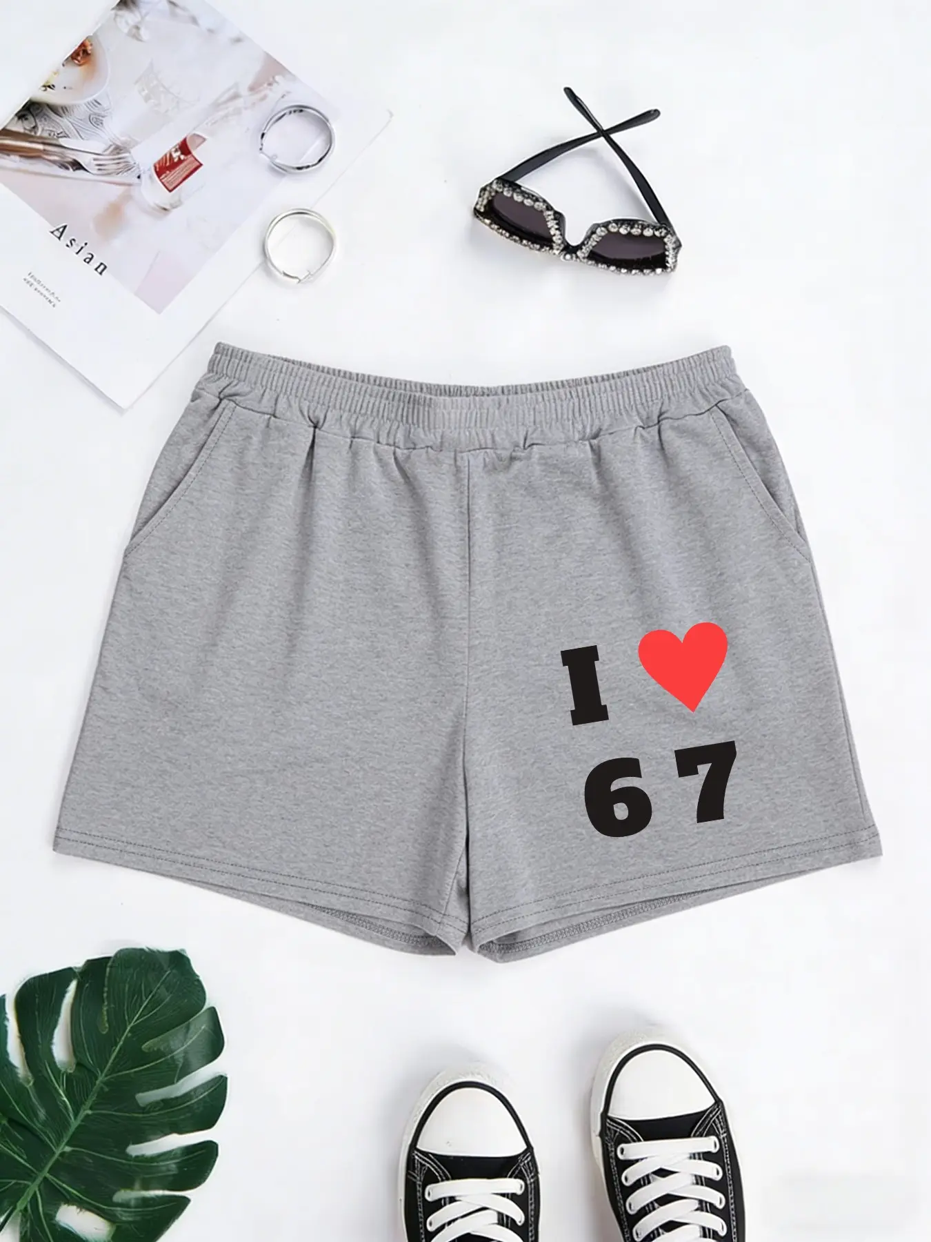Women's Casual Elastic Waist Shorts "I ❤️ 67" Heart & Number Graphic Print Three Colors Available Must-Have Summer Style Soft & Skin-Friendly Easy On/Off Machine Washable Versatile for Commute, Outdoor, Daily & Home Stylish & Fashionable Hot Pants