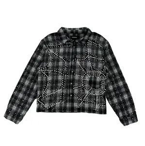 KINDRED | BLACK RHINESTONE PEARL PLAID SLIGHTLY CROPPED FLANNEL