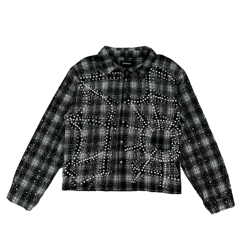 KINDRED | BLACK RHINESTONE PEARL PLAID SLIGHTLY CROPPED FLANNEL