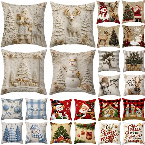18x18 inch Set of 4 Christmas Throw Pillow Covers - Christmas Decorations for Home 2026,Classic Theme Cushion Cases Pillow Case with Santa Claus, Reindeer, Christmas Tree, Snowman Motifs, Xmas Favors Supplies for Couch Room Sofa Home Decor