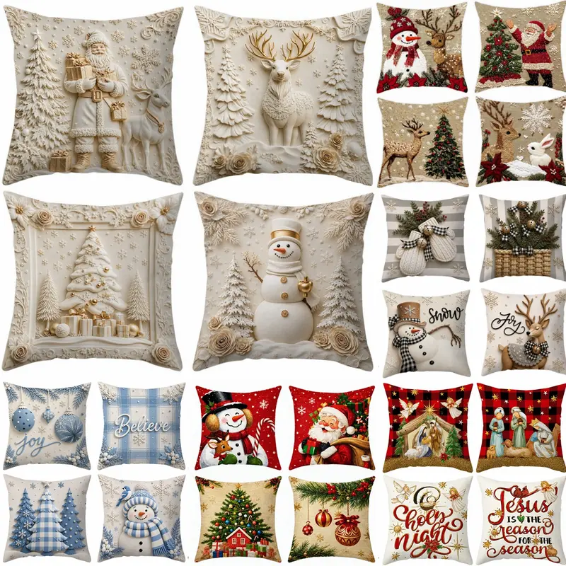 18x18 inch Set of 4 Christmas Throw Pillow Covers - Christmas Decorations for Home 2026,Classic Theme Cushion Cases Pillow Case with Santa Claus, Reindeer, Christmas Tree, Snowman Motifs, Xmas Favors Supplies for Couch Room Sofa Home Decor