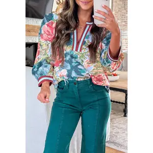 Sky Blue Contrast Trim V Neck Cuffed Bracelet Sleeve Floral Blouse