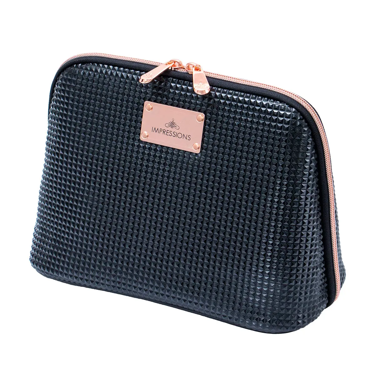 Impressions Raven Large High-Capacity Makeup Organizer Pouch - Multi-Compartment Travel Cosmetic Bag with Zipper, Rose Gold Accents, Pyramid Studded Pattern for Beauty Essentials, Travel Cosmetic Bags