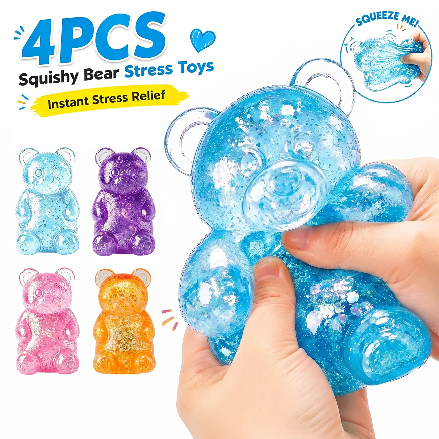 4 Pack Bear & Sugar Ball Designs, Anxiety Relief & Focus Toy, Maltose Filled Squeeze Toys for Sensory Play,Sensory Fidget Toy with Glitter Liquid Filling,Sensory Fidget Toys for Adults, Kids, Slow Rising Squishy Stress Ball