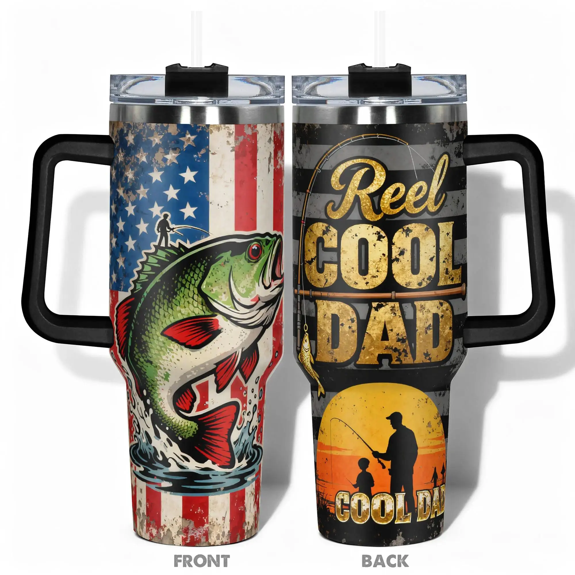 Cool Dad Tumbler with American Flag Fishing Bass Reel Print, Insulated Stainless Steel Coffee Cup, Leakproof Reusable Travel Drinkware for Gym & Hiking