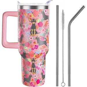 Chihuahua Gifts for Women Dog Lovers 40 oz Floral Chihuahua Tumblers with Handle and Straw, Stainless Steel Vacuum Insulated Travel Coffee Mug Cup Water Bottle