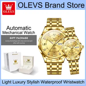 OLEVS 6727 Automatic Mechanical Couple Watch Set, Elegant Wristwatches with Inlaid Rhinestone Roman Numerals, Day & Date Dual Window Display, Luminous Hands, Water Resistant Fashion Timepiece, Ideal Romantic Gift for Anniversary, Wedding & Valentine's Day