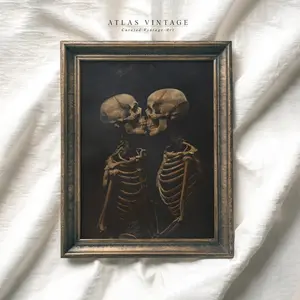 Vintage Skeleton Couple Kissing Painting, Spooky Halloween Print, Creepy Bedroom Decor Digital, Dark Academia Valentine Printable