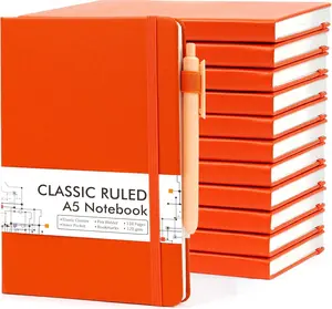 12 Pack Notebooks Journals Bulk with 12 Black Pens,  A5 Hardcover Notebook Classic Ruled Journal Set with Pen Holder for School Business Work Travel Writing, 120 GSM, 5.1x8.3, Orange
