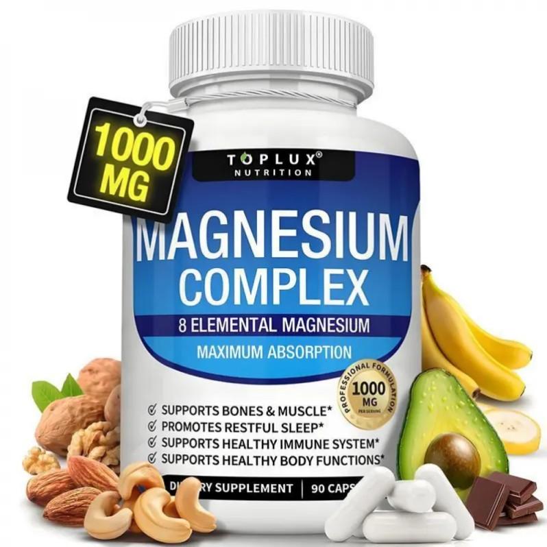 （Flash Sale 3 bottles） TopLux Nutrition Magnesium Complex 1000mg 90 Capsules 7 Elemental Sources Men Women Bone Muscle Sleep Immune Support Nature Decent Fitness Dietary Supplement Malate Taurate Chelated for