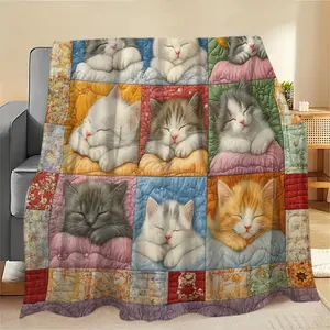 Soothing, cute patchwork flannel blanket featuring a sleeping cat / Retro topstitching cartoon kitten sofa nap blanket—ideal as a birthday, housewarming, or holiday gift for cat lovers, pet lovers, and those who appreciate soothing home decor.