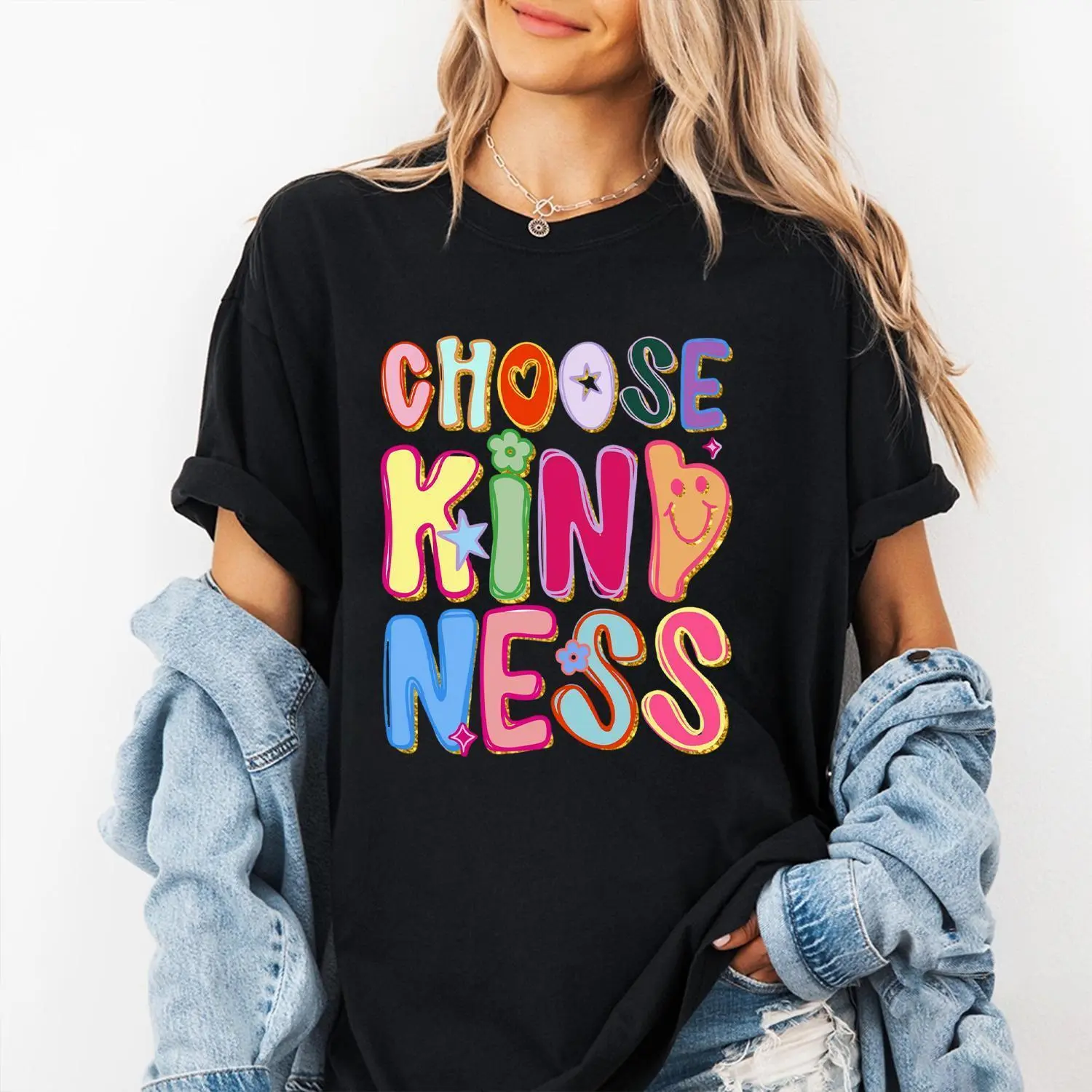 Women's Short-Sleeve Breathable T-Shirt, Hand-Drawn Choose Kindness Motivational Top, Comfortable Mental Health Positive Affirmations Teacher Appreciation Gift