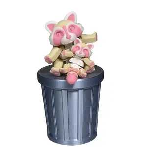 Articulated Mother and Child Racoons with Trashcan, 3D Printed Strawberry Milk Racoons Trash Panda Stress Relief Racoon Toys
