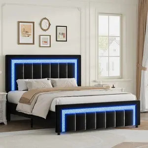HOMBCK Bed Frames with LED Lights and Velvet Upholstered Headboard, Bed Frame with Modern Diamond Headboard Adjustable, Wooden Slats Support, Noise Free, No Box Spring Needed