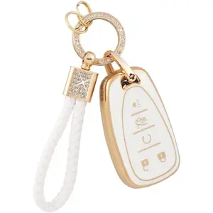 Key Fob Case For Car Keys, TPU 5 Button Keys Cover Shell Glittering Car Keychain For Malibu,Equinox,Trax,Camaro,Blazer,Traverse,Trailblazer,Spark Girly Cute White Gold