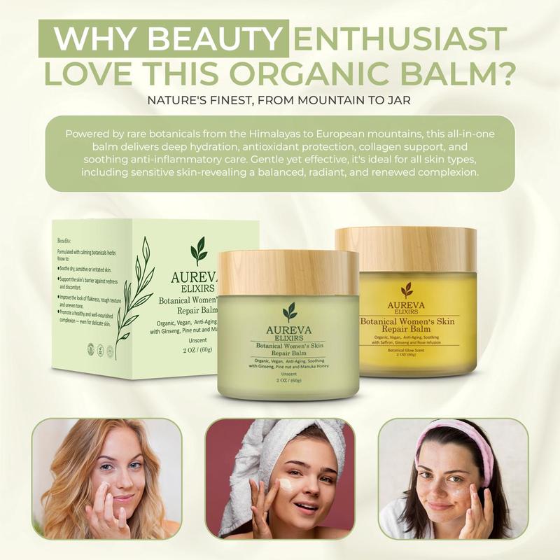 Aureva Elixirs Botanical Women's Skin Repair Balm 97% Problem Solving Formula with Ginseng Oil & Manuka Honey Soothes Redness Dryness Eczema Itchy Skin 2 Oz Unscented Argan Daily Radiance Body Care Moisturizer - Gentle