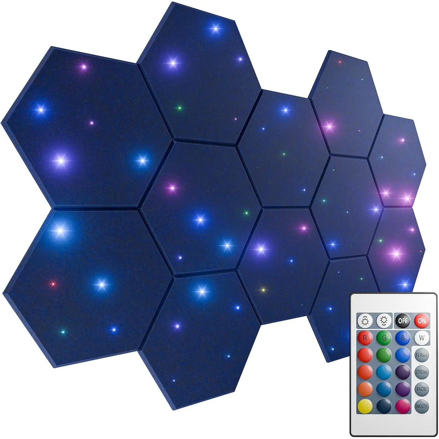 12 Pack Self-adhesive Sound Proof  Panels for Walls 12" X 10" X 0.4" - Hexagon Acoustic Panels with Fiber Optic Starlight, Stylish Soundproof Wall Panels Absorb Noise and Wall Decor Blue