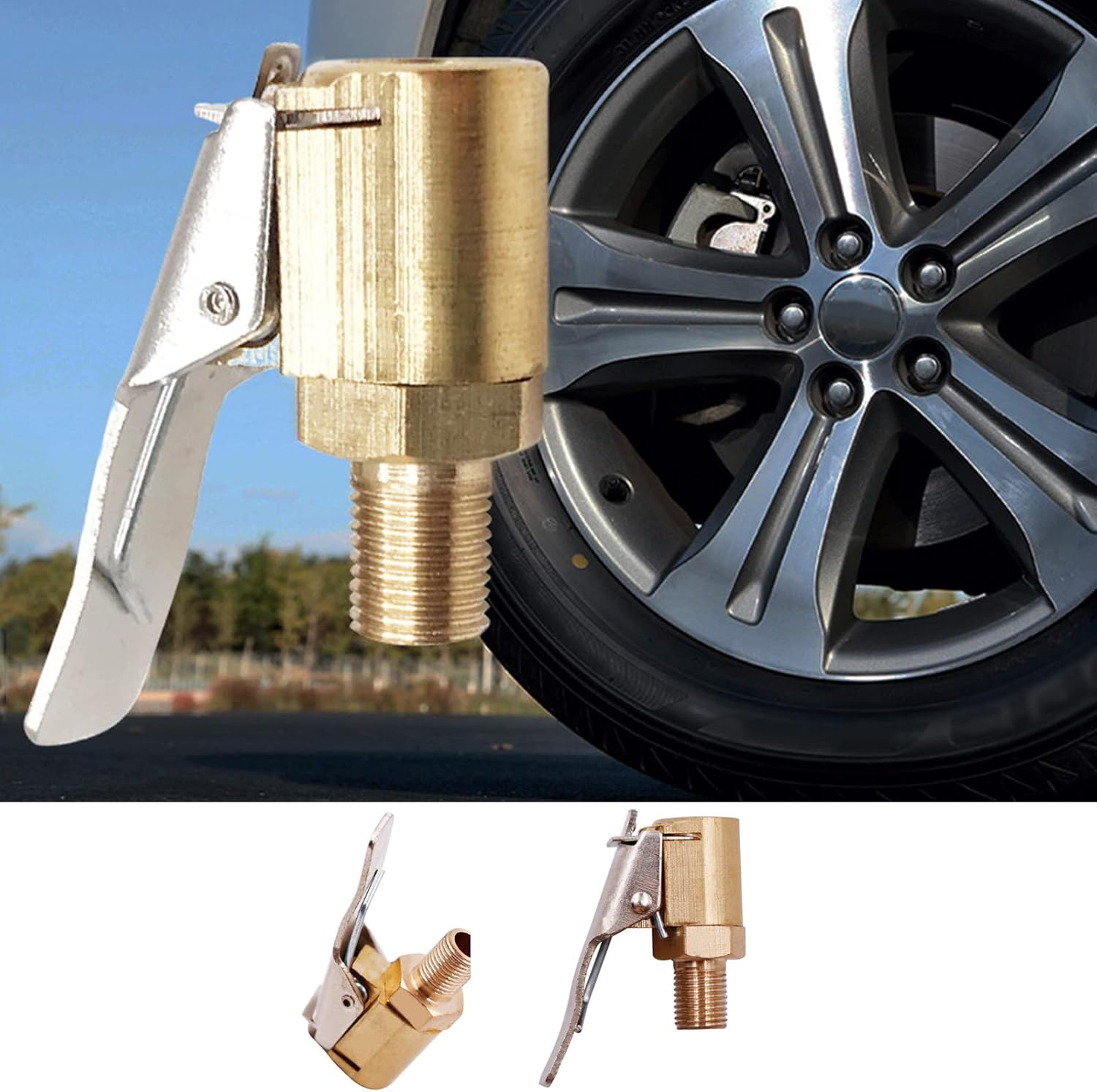 Car Tire Air Chuck Inflator Connector Dual Clip-on Adapter, 2 Pack Brass 8mm Tyre Wheel Inflatable Tool