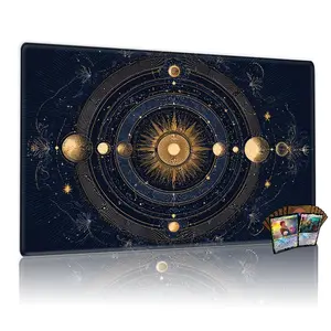 TCG, MTG, CCG RPG trading card game MATS, intricate golden sun, planetary orbits, lunar & stellar patterns, dark blue cosmic mandala, anti-slip, washable, table mat decor.
