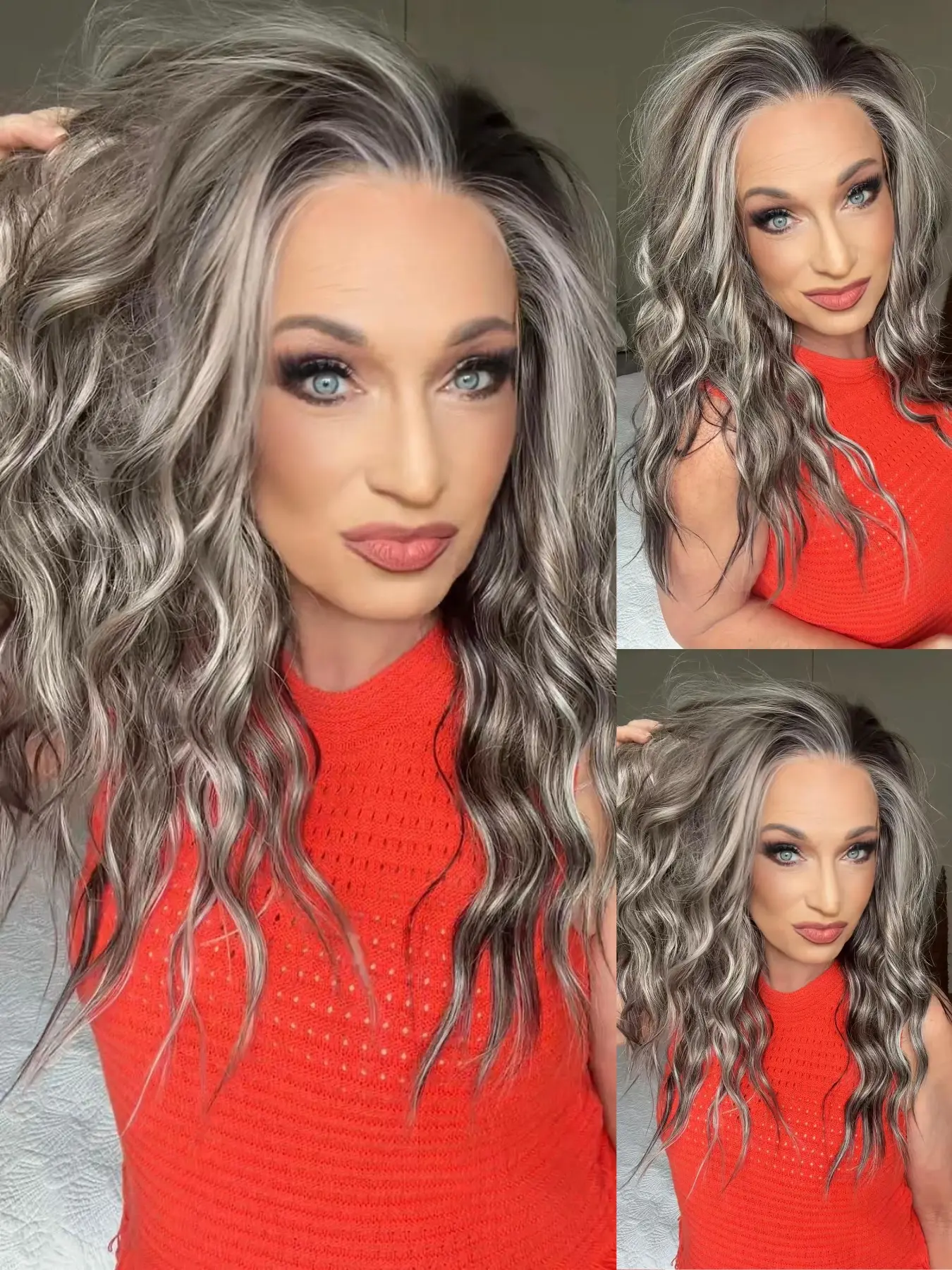 MACA BAKA Caroline Iced Brown Ash Blonde Ombre Highlight Water Wave Lace Front Wigs with Scandinavian Hairline Straight Drop Low Density 18 Inches Long Brown Loose Curly HD Synthetic Lace Front Wigs for Women Pre Plucked