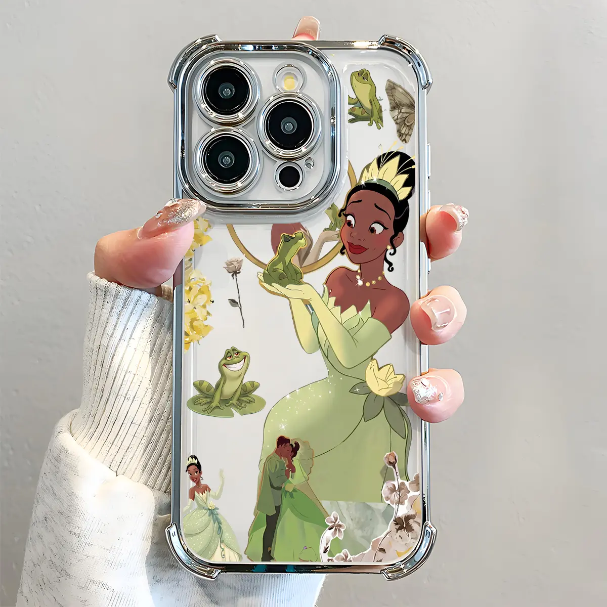 Princess Tiana Frog Prince Kiss Pattern Phone Case , Electroplated Cover with Airbag Shockproof Soft TPU Cover for iPhone X 11 12 13 14 15 16 17 Pro Max Plus Air, Cute Cartoon