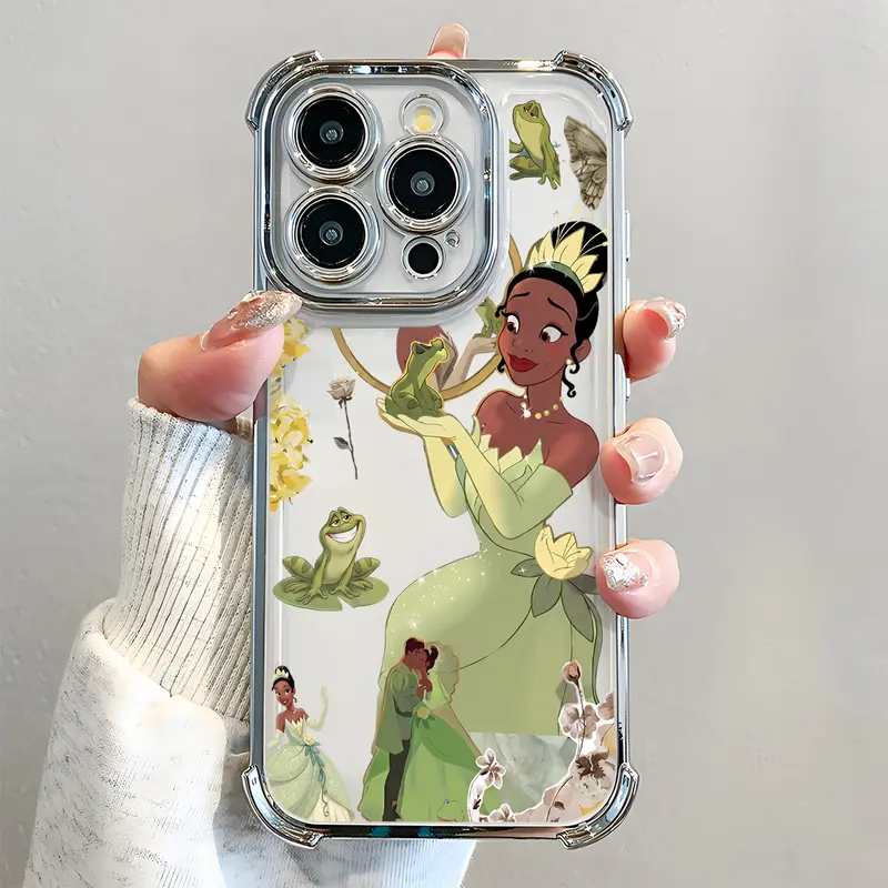 Cute Cartoon Princess Tiana & Frog Prince Kiss Pattern iPhone Case - Electroplated Airbag Frame, Soft TPU Cover with Cushions, Shockproof Durable Lightweight Protector Accessory for iPhone Series (X,11,12,13,14,15,15 Plus,16,17,18 Pro Max Plus)