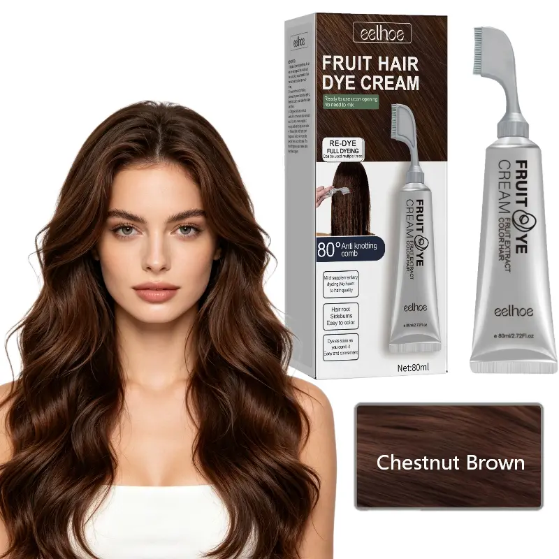 Chestnut Brown Hair Dye Cream 3-in-1 Hair Dye Home Use Dye Comb Integrated Convenient Hair Dye Cream Long-lasting Color No Color Fading Plant Essence No Damage to Hair Highlights Mild Haircare 2.72Oz. /80ml