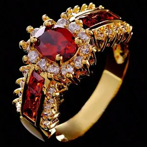 Fashion Ladies Golden Plated Red Gemstone CZ Wedding Ring Size 6-10