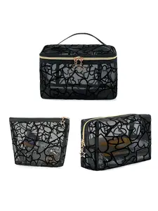 Heart Pattern Mesh Makeup Bag with Zipper, Handheld Travel Toiletry Bag, Transparent Cosmetic Storage Pouch, Fashionable & Practical Design, Makeup Organizer Pouch