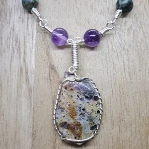 Kaleidoscope Prism Stone Silver Necklace with Amethyst and African Turquoise Jasper Beads