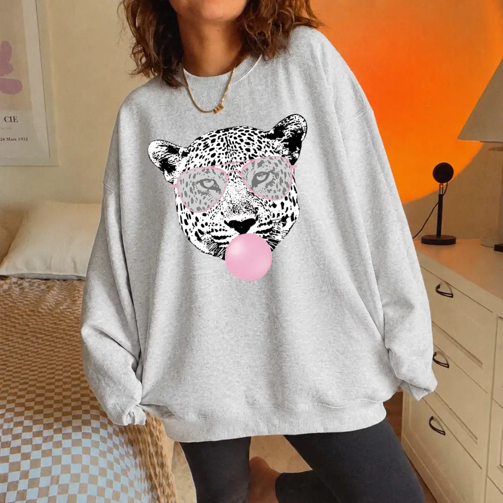 Bubblegum Leopard Sweatshirt, Cheetah Pink Sunglasses Crewneck for Women, Y2K Trendy Aesthetic Animal Print Sweatshirt, Gift for Her